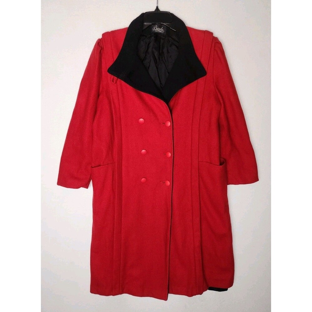 Vintage Basile Red Wool Coat Black Accents Long Classic Womens Large